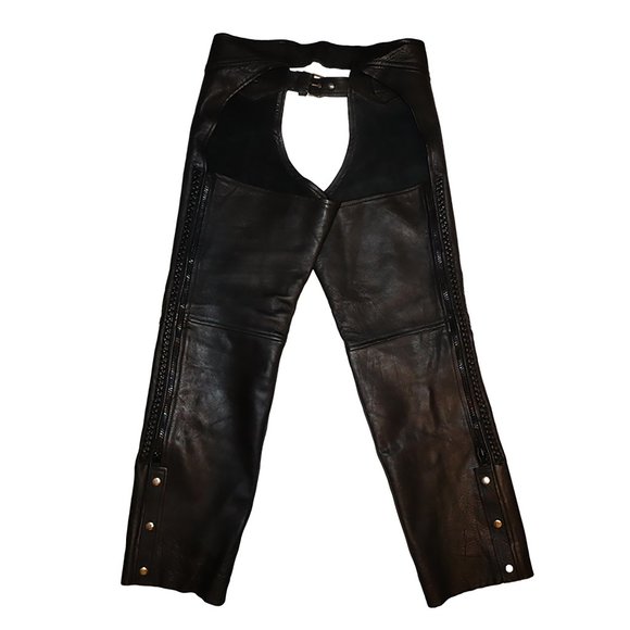 Vintage Black Genuine Leather Motorcycle Riding Chaps Heavy Leather Halloween - Picture 3 of 11